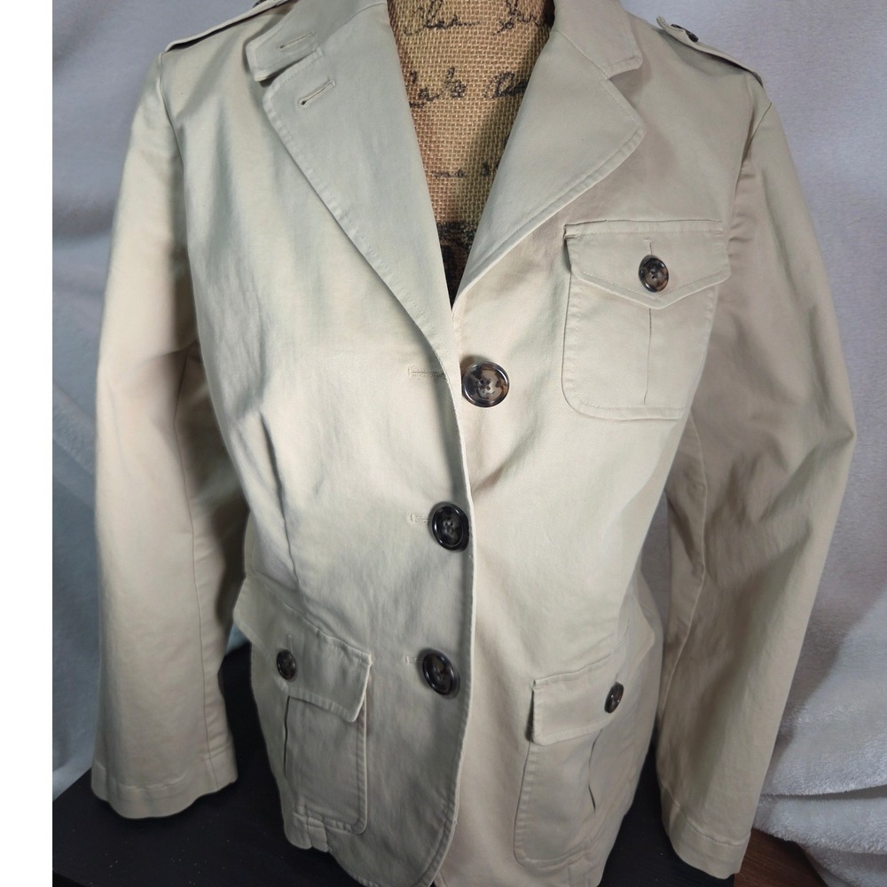 Talbots Safari Blazer Jacket Womens 14W Khaki Tan Cotton Stretch Twill Utility